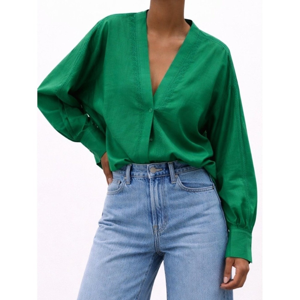 Zara Kelly Green Embroidered V-Neck Blouse Oversized Shirt SZ Medium Boho Chic